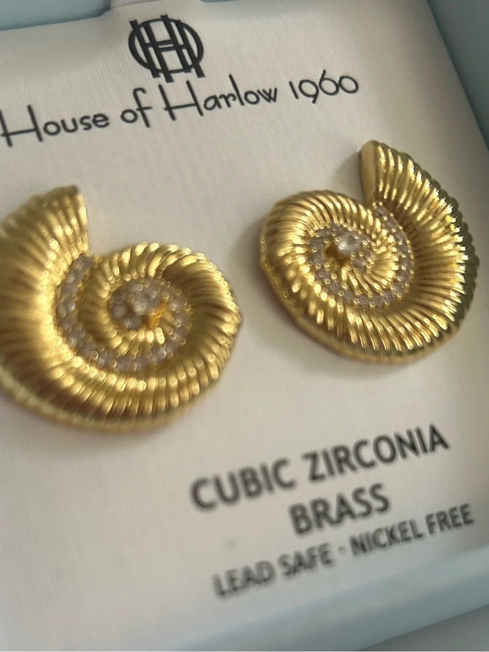 House of Harlow 1960 Cubic Zirconia Brass Shell Stud Earrings Gold NWT
